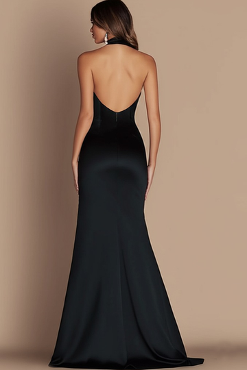 Robe de gala sirène noire découpée dos nu avec fente